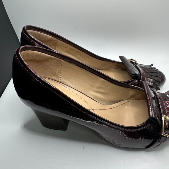 Isola Tara Kilted Buckle Patent Leather Block loafer Heels Burgundy Women's Sz 8 - Picture 9 of 9